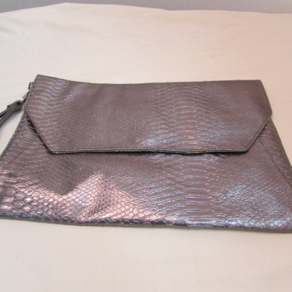 Silver Metallic Reptile Faux Leather Large Clutch Wristlet
